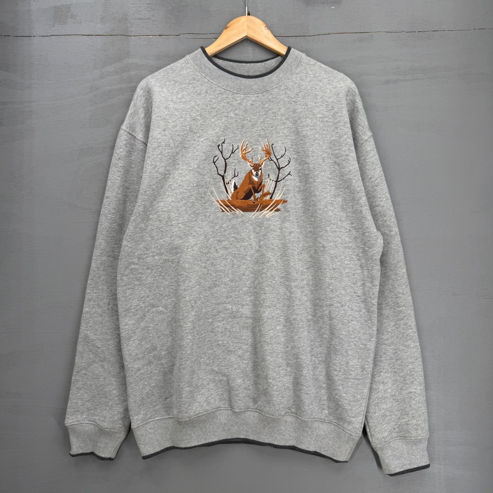 Vintage Nature Sweatshirt Gray Embroidered Buck Deer Graphic Large